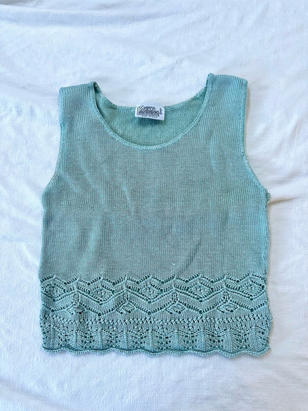 vintage aqua knit baby tank — cottagecore lace hem sweater vest by Knits Landing